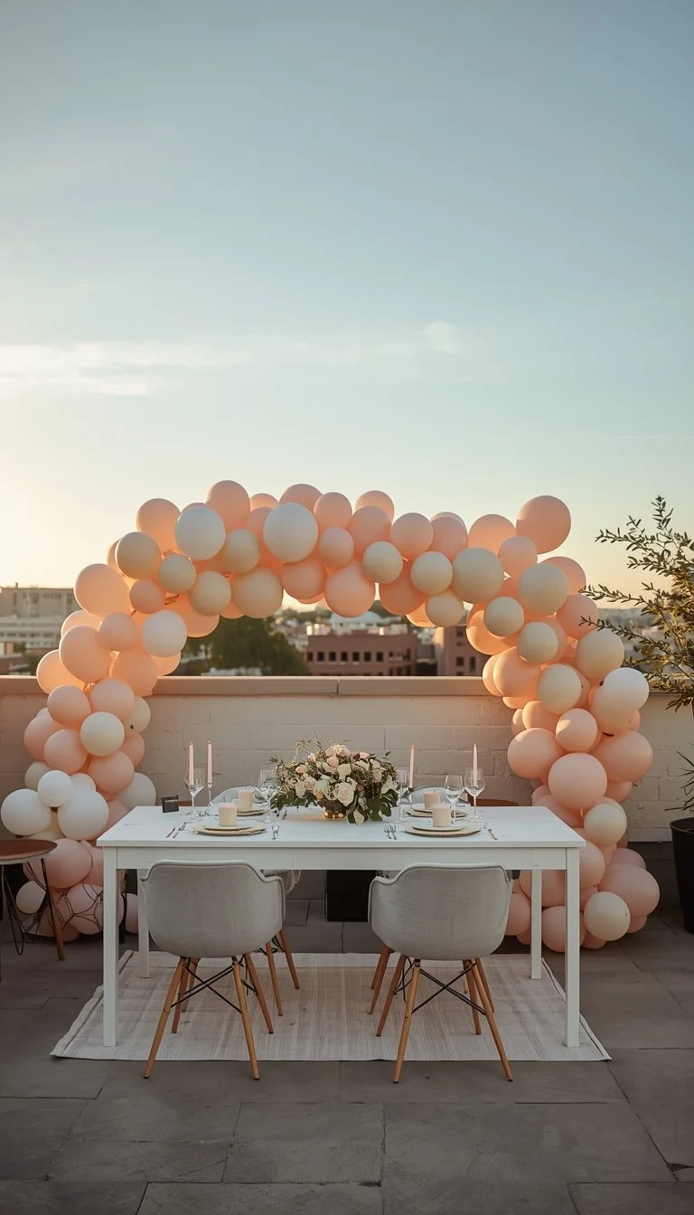 Modern pastel baby shower set on a rooftop venue during golden hour, with an open sky as a natural backdrop