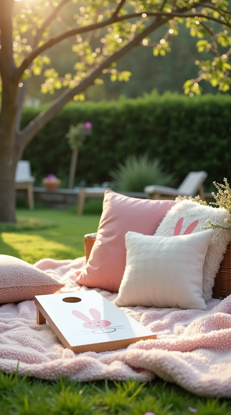 Outdoor spring bunny-themed baby shower in a garden setting