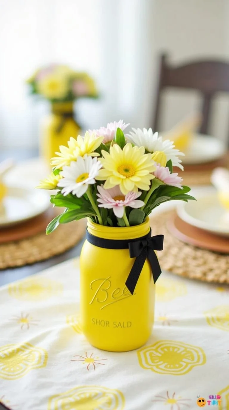 DIY bee-themed baby shower table with budget-friendly mason jar centerpieces