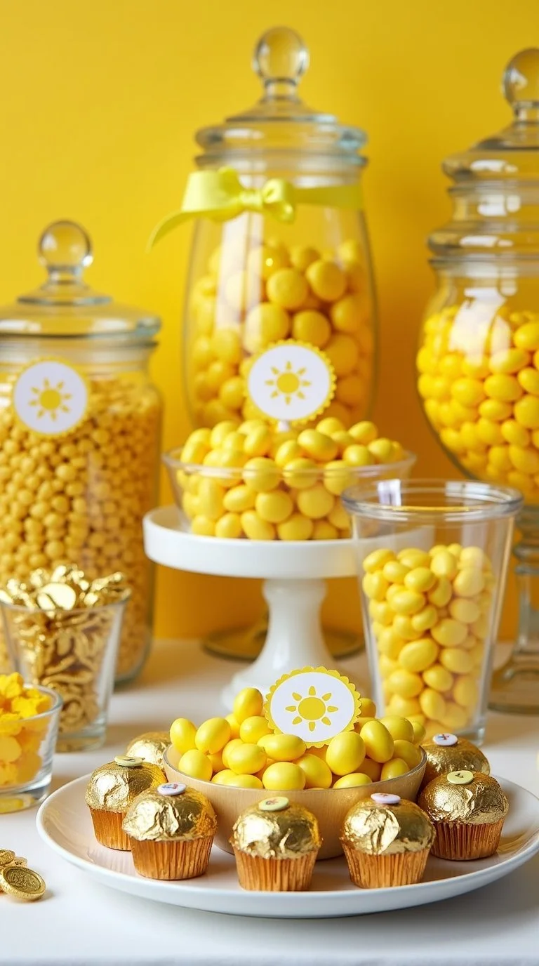 sunshine-themed baby shower yellow candy buffet