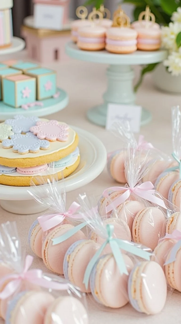pastel-themed baby shower favor display featuring edible treats