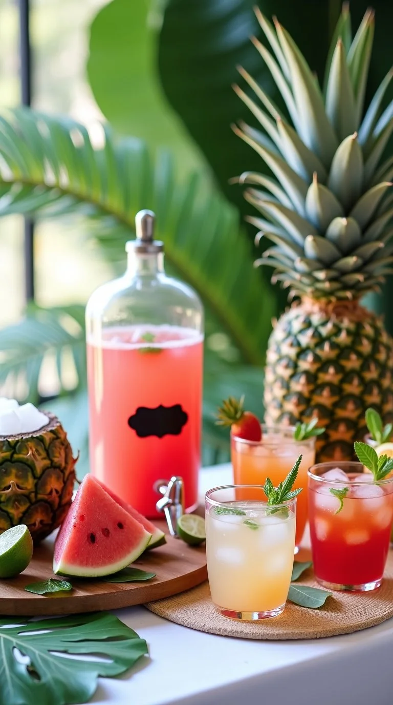 Tropical palm leaf-themed baby shower drink station