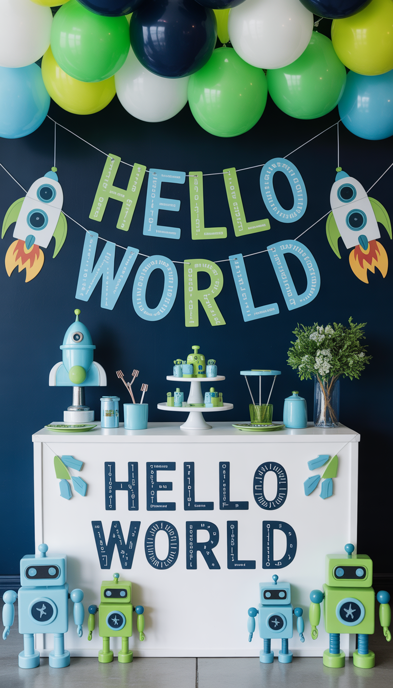 Hello World baby shower for a boy with a tech-inspired theme