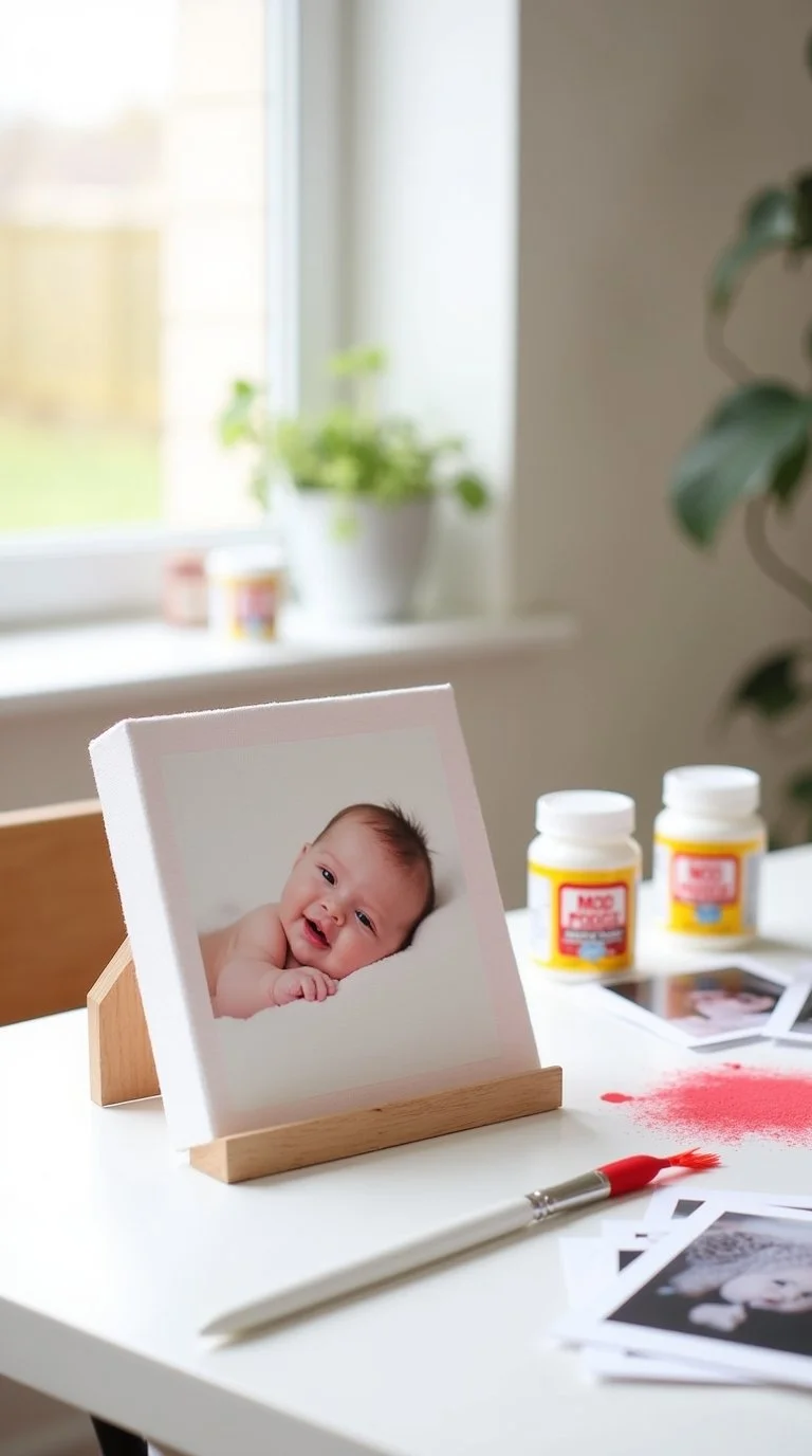 Valentine’s Day keepsake craft scene for new moms featuring photo transfer canvas art