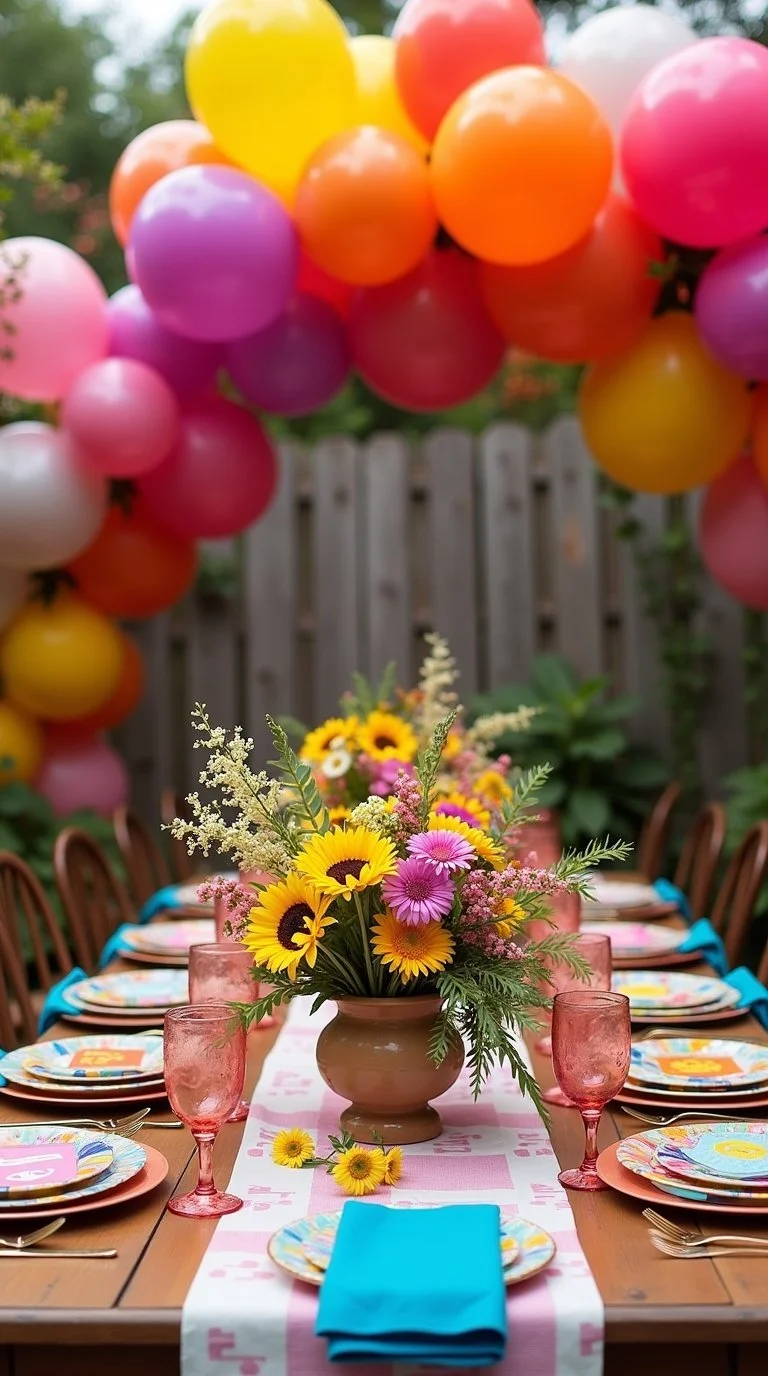 vibrant wildflower-themed baby shower scene featuring a bold summer-inspired color palette