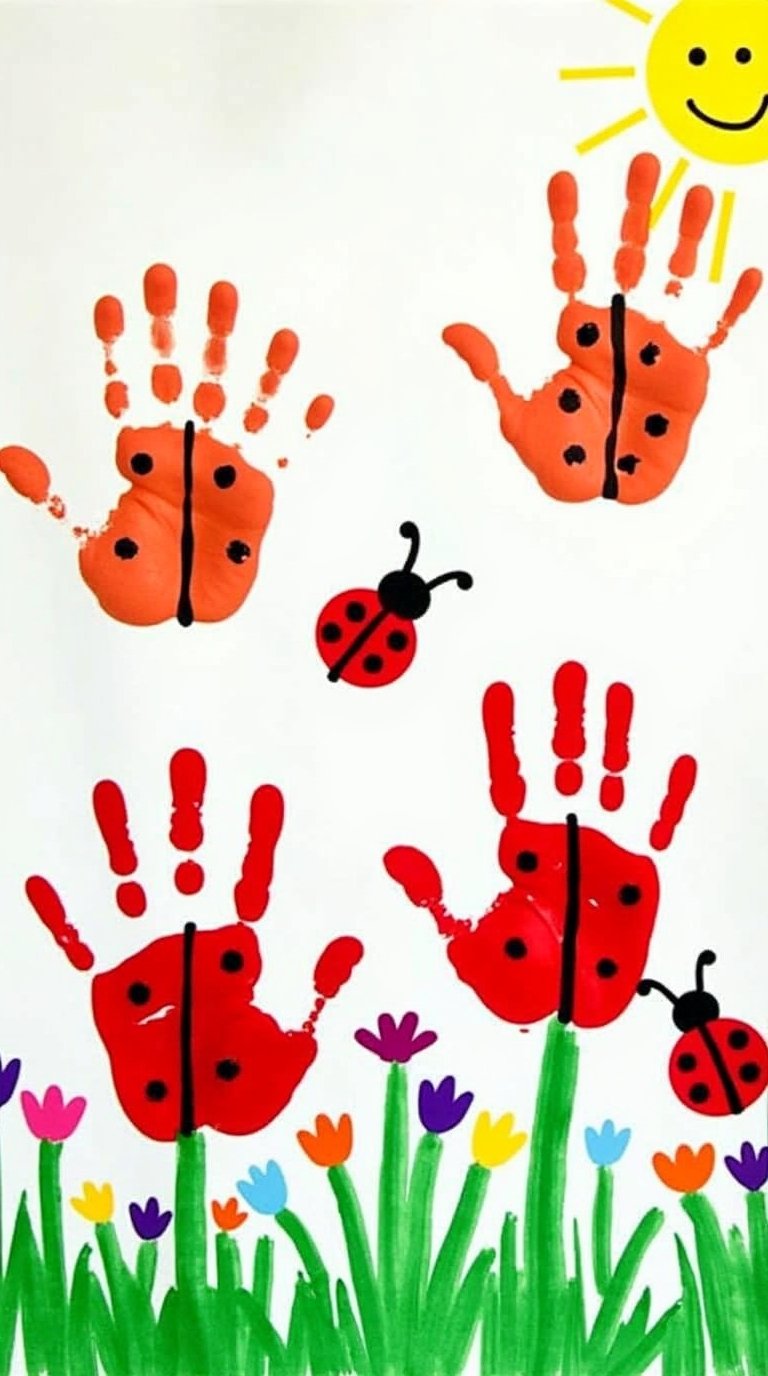 spring-themed baby handprint craft artwork showing a ladybug garden