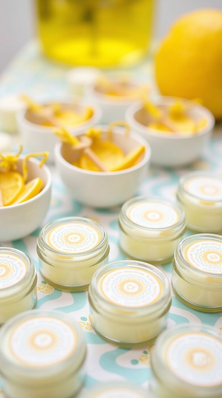 sunshine-themed baby shower favor display featuring mini candles