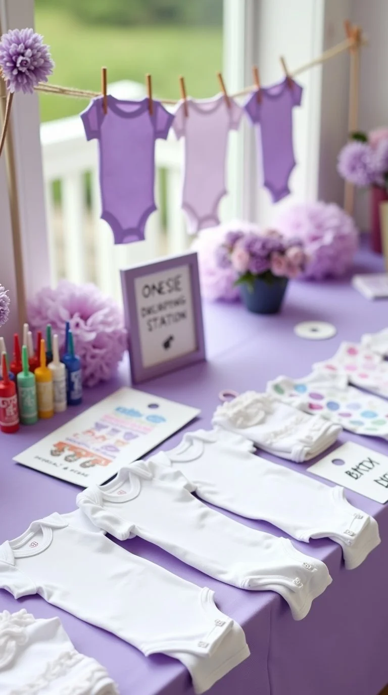 fun lavender-themed baby shower activity station set up for a onesie decorating activity