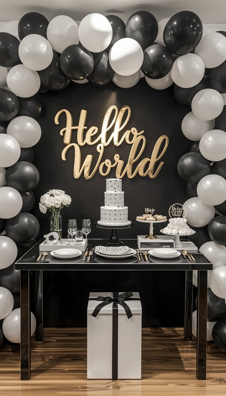 Hello World baby shower with a monochrome modern theme