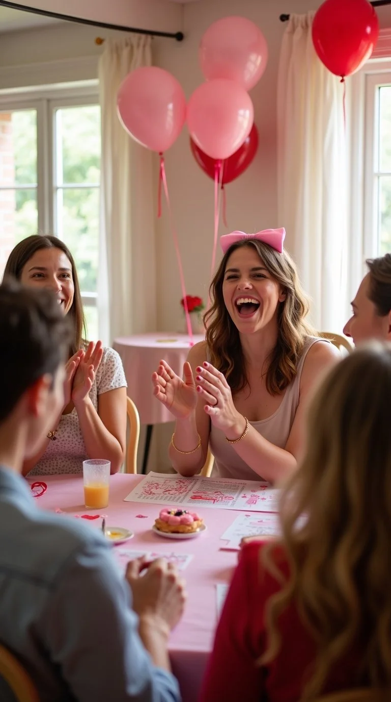 Valentine’s Day baby shower game scene where guests are performing a “Create a Baby Lullaby” activity