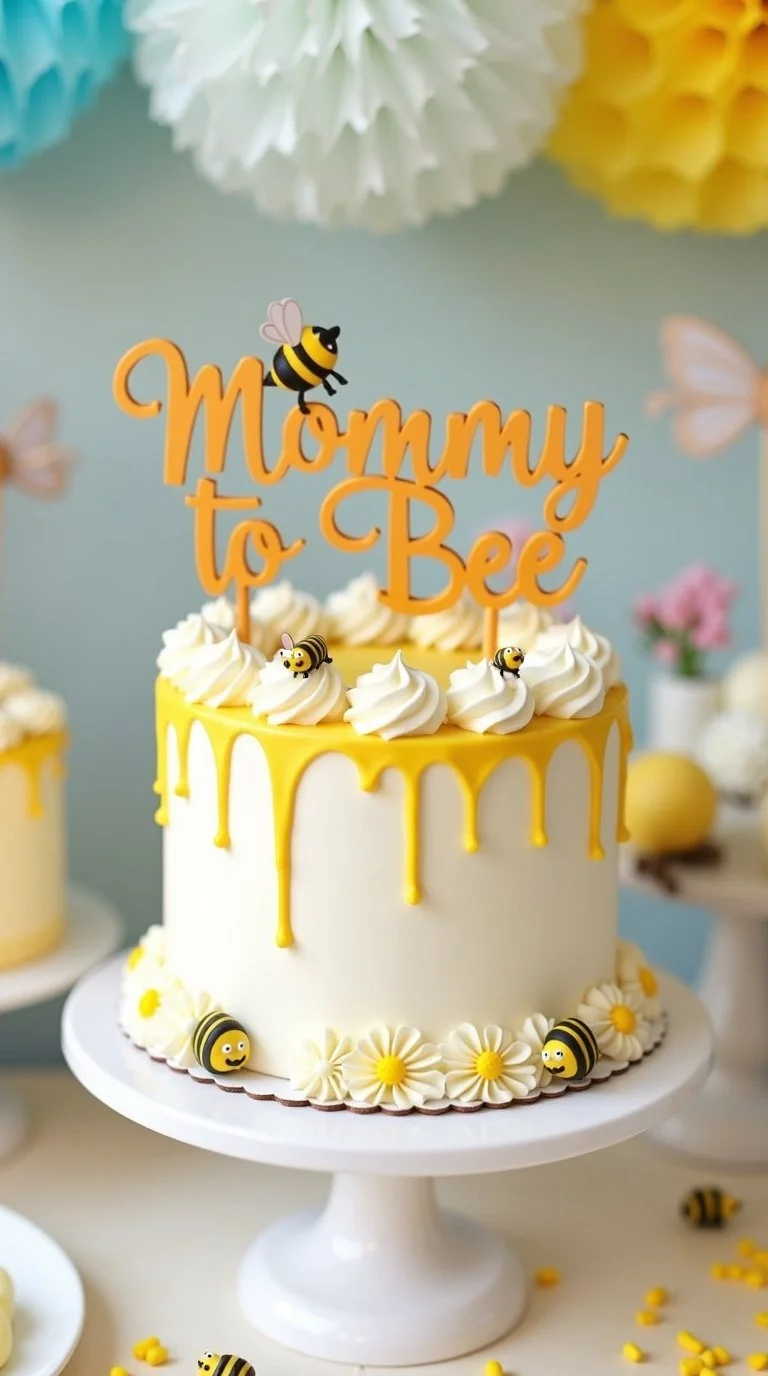 bee-themed baby shower cake featuring a prominent Mommy-to-Bee cake topper