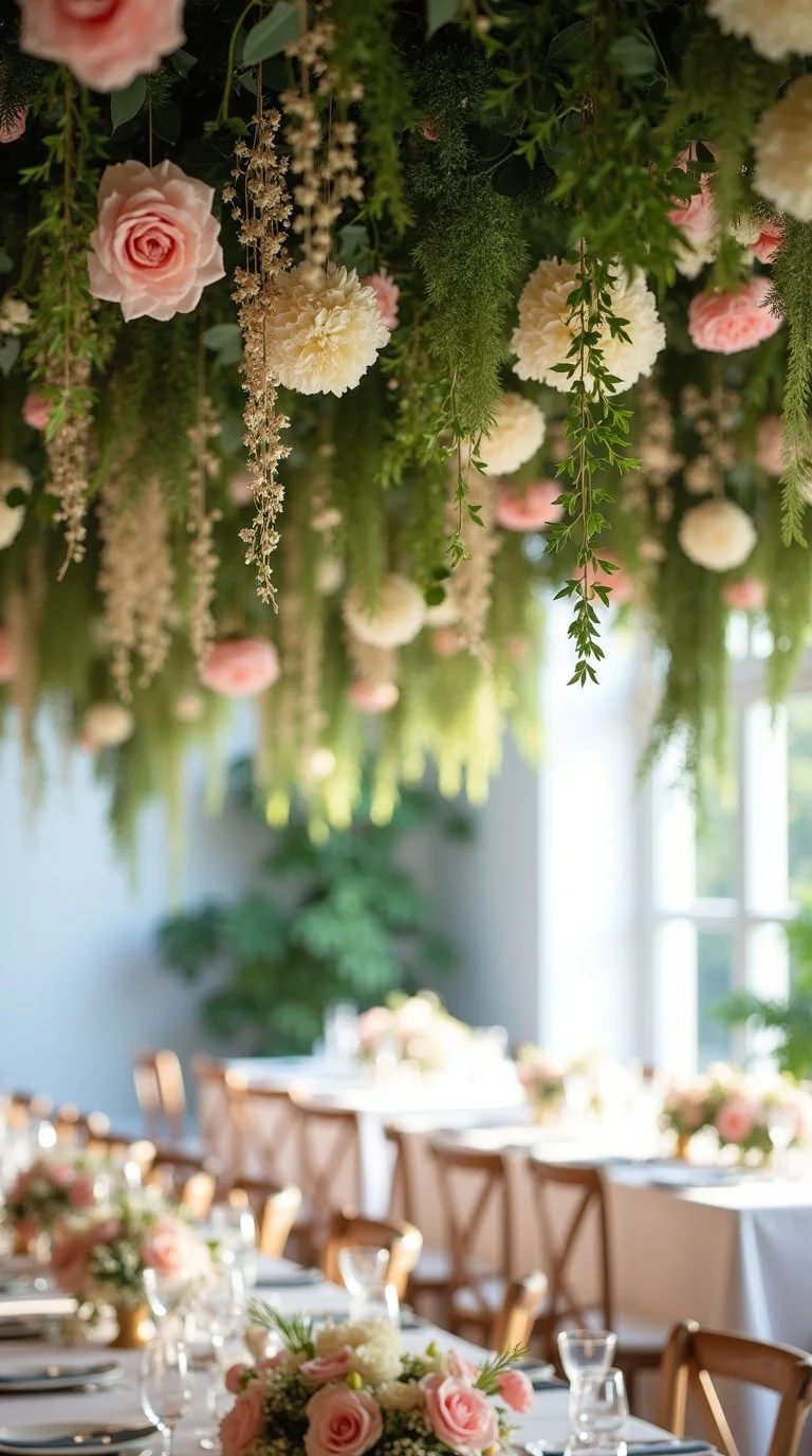 magical floral baby shower setup featuring hanging flower installations above dining tables