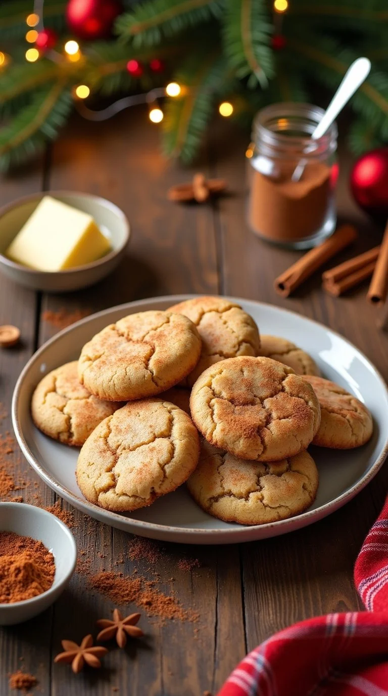 A warm and festive holiday baking scene featuring freshly baked snickerdoodle cookies rolled in cinnamon-sugar and holiday spices (with a hint of nutmeg and ginger)