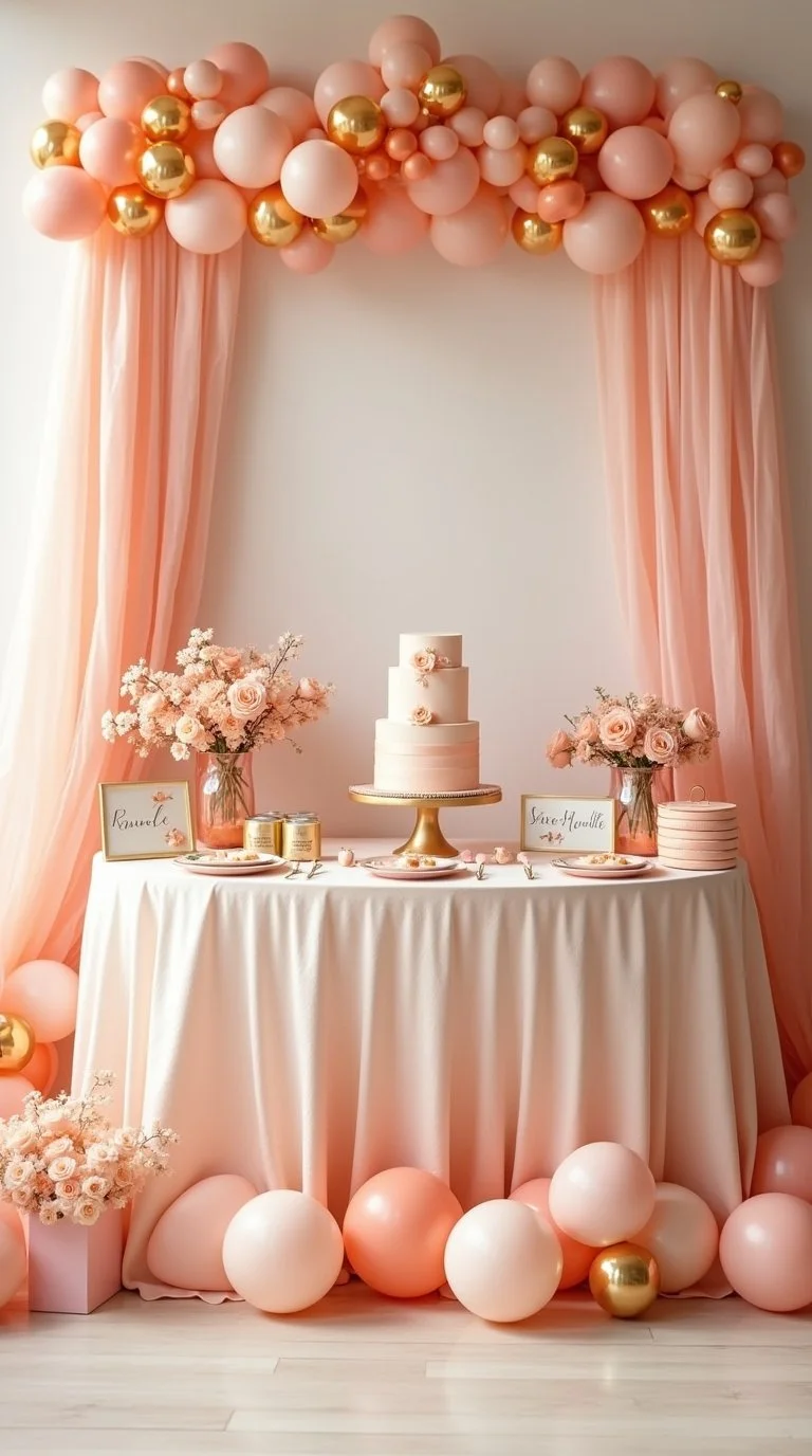 Sweet as a Peach’ baby shower setup for a girl