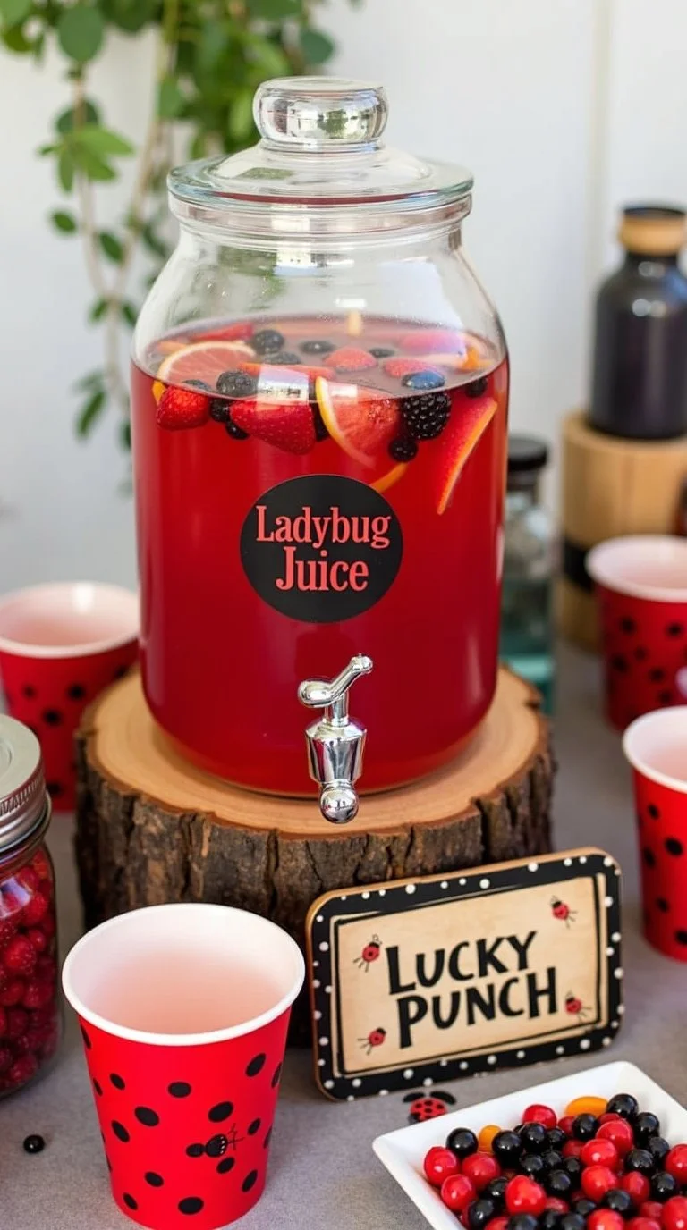 ladybug-themed baby shower beverage station with a signature red punch