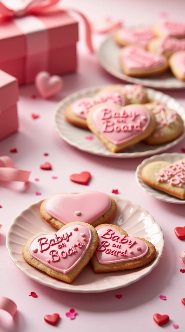 Valentine’s Day pregnancy announcement scene featuring heart-shaped cookie