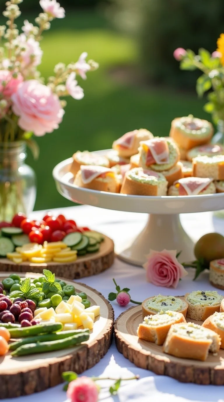 “Hello Spring” baby shower food display with a fresh, garden-inspired theme