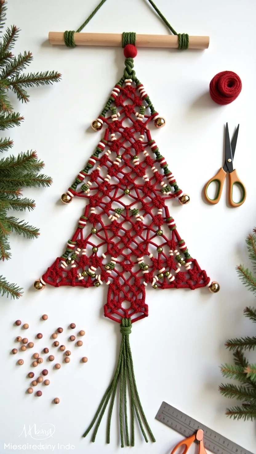 A stylish and festive craft scene featuring an advanced macramé wall hanging designed to look like a Christmas tree