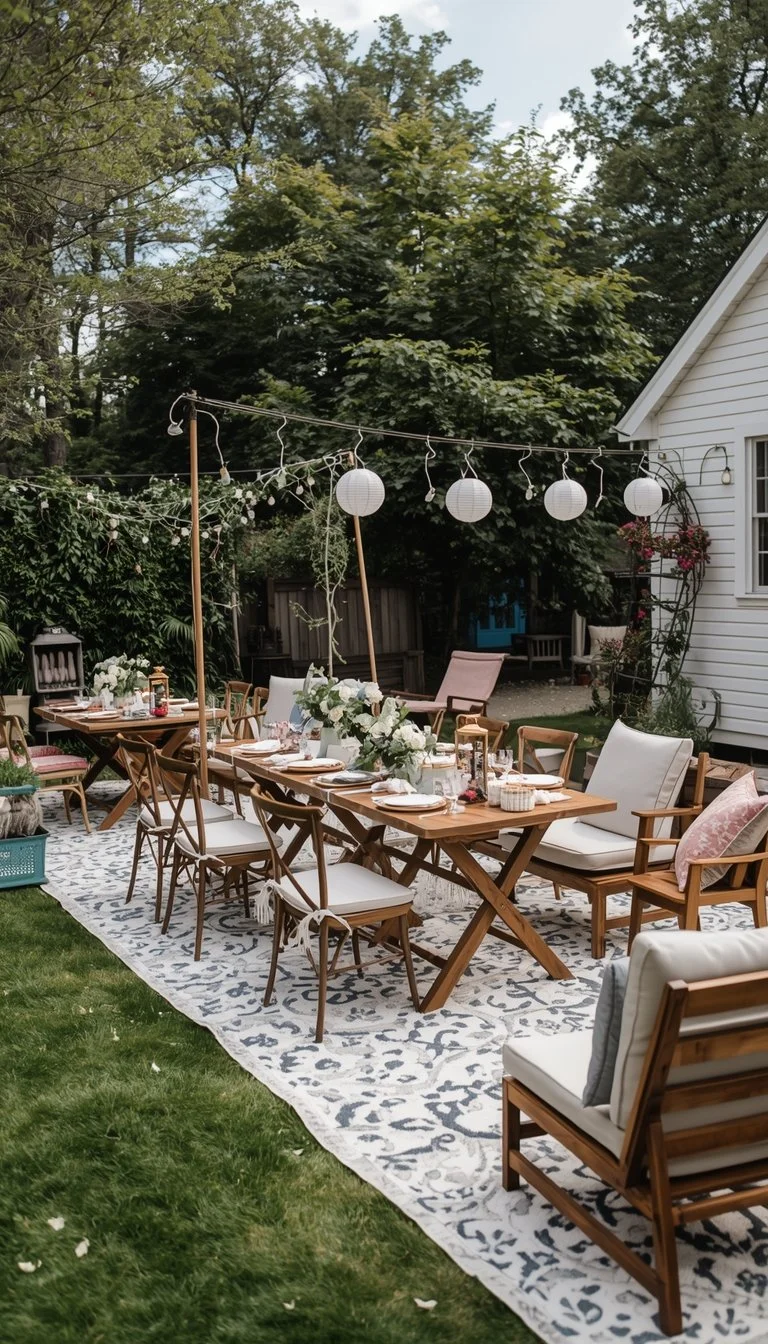 Backyard garden brunch baby shower setup