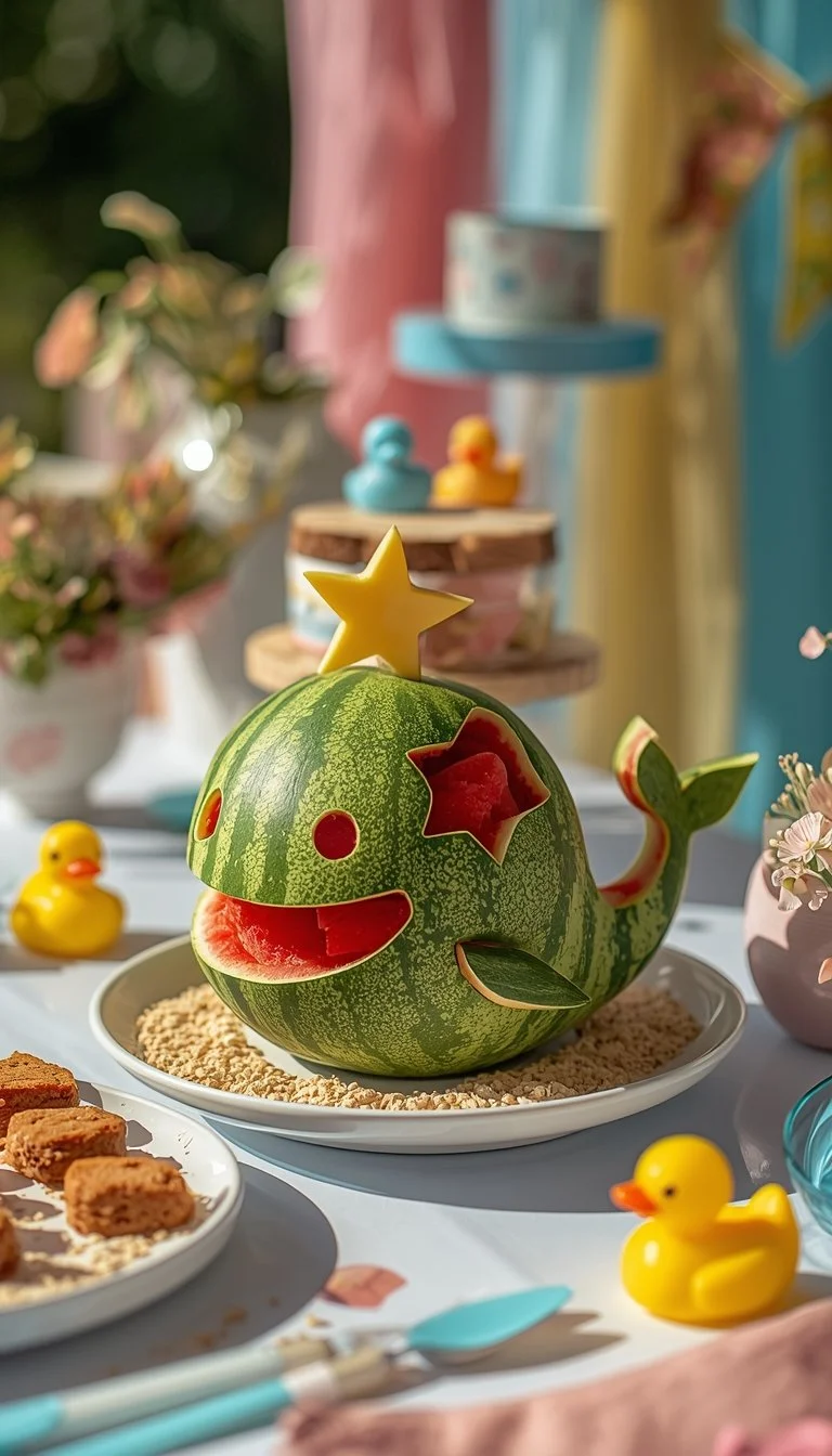 Pool party baby shower dessert table featuring playful carved watermelon