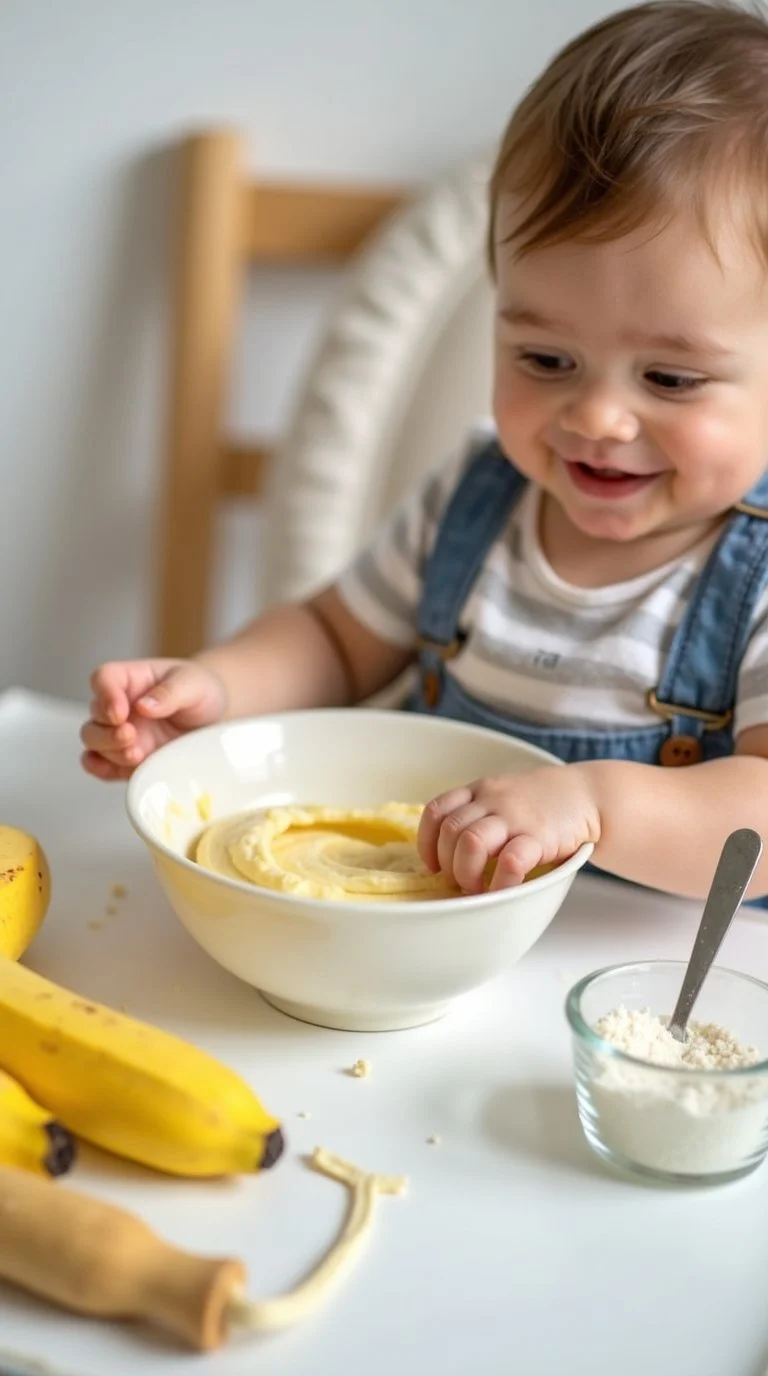 A bright, baby-friendly kitchen scene featuring edible banana playdough