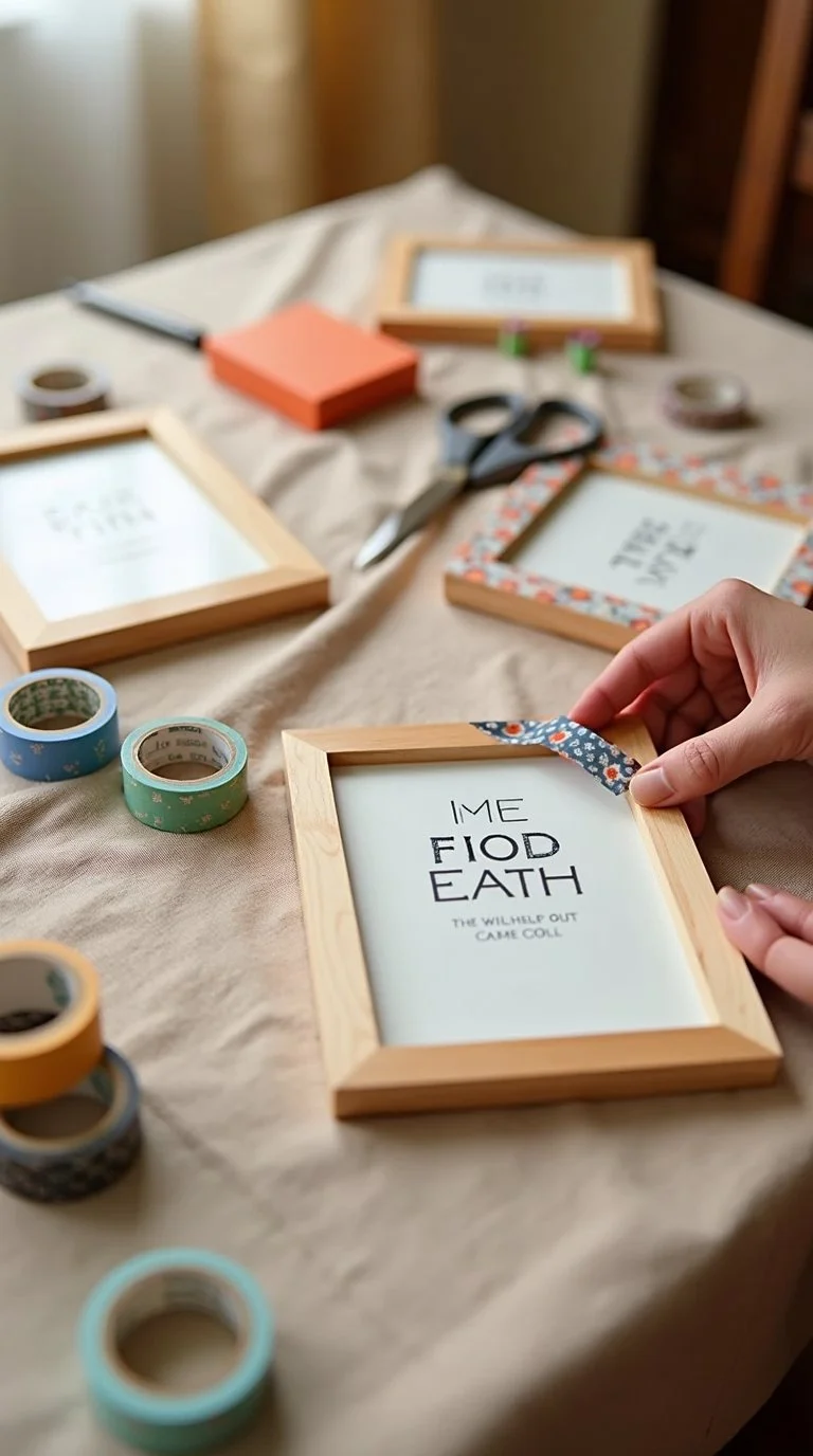 A cozy tabletop scene showing a quick and easy DIY craft project decorative washi tape picture frames in progress