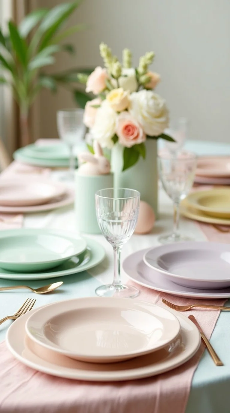 pastel Easter baby shower table setting with mix-and-match pastel dinnerware