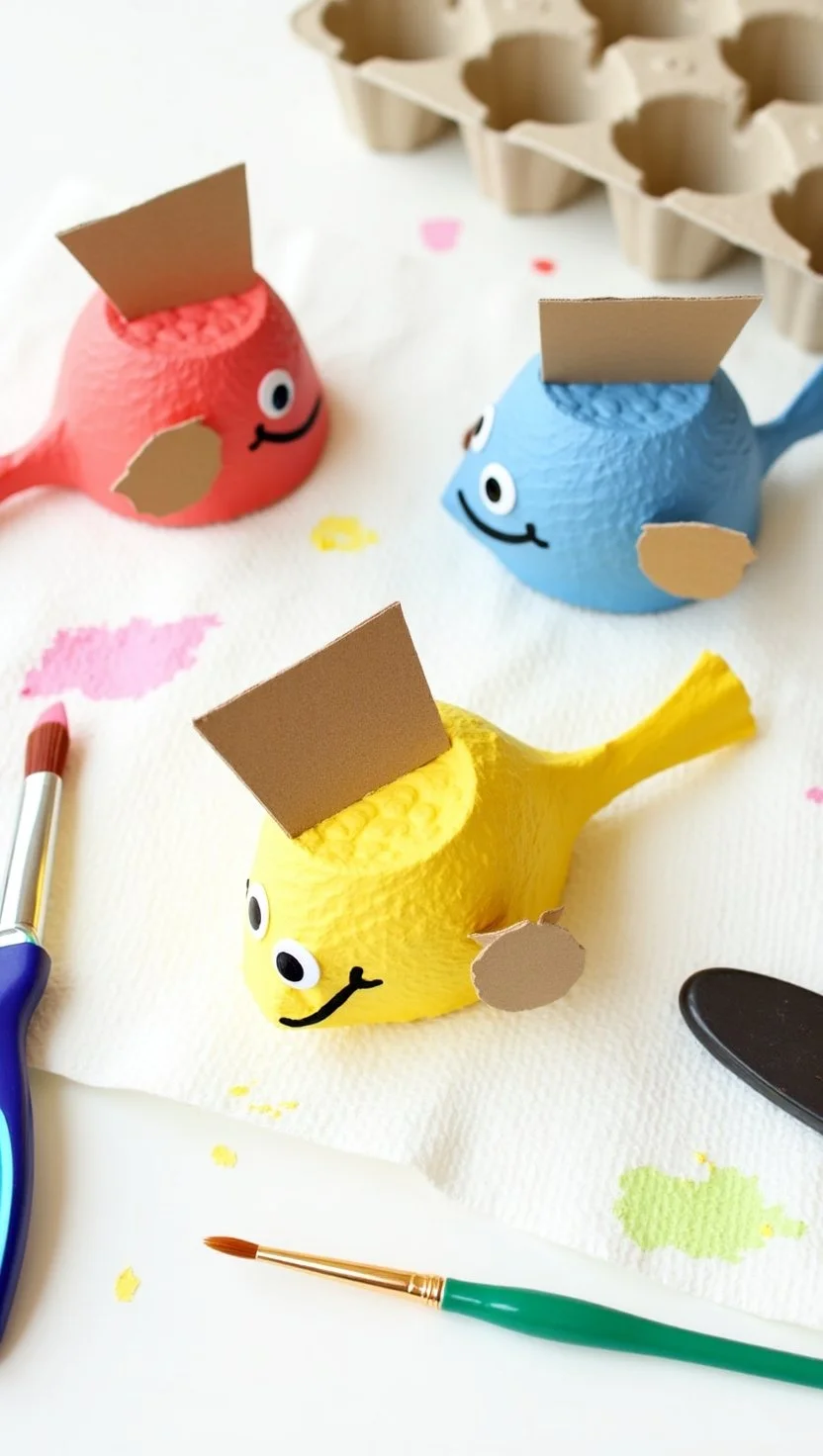 A fun, budget-friendly fish craft scene using recycled egg cartons