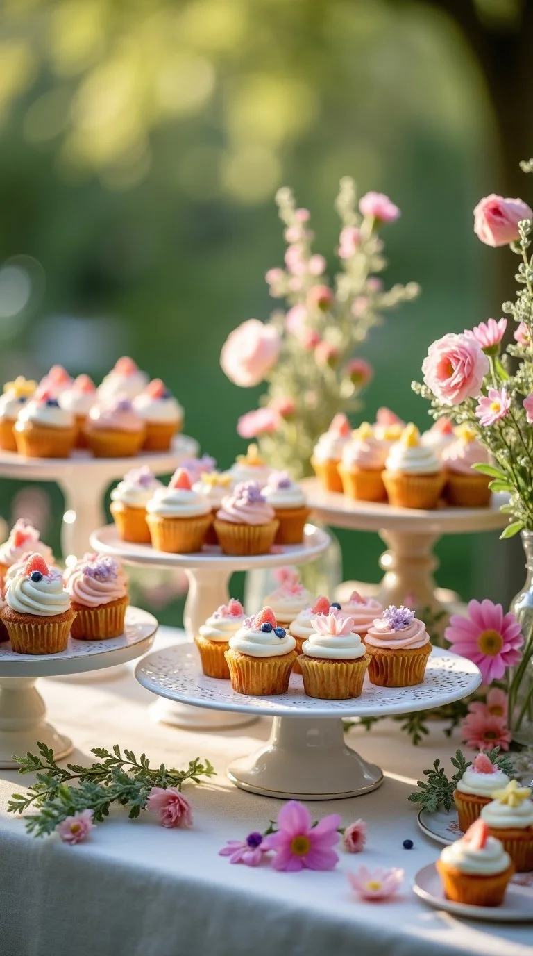spring garden baby shower dessert table with a show-stopping cupcake garden display
