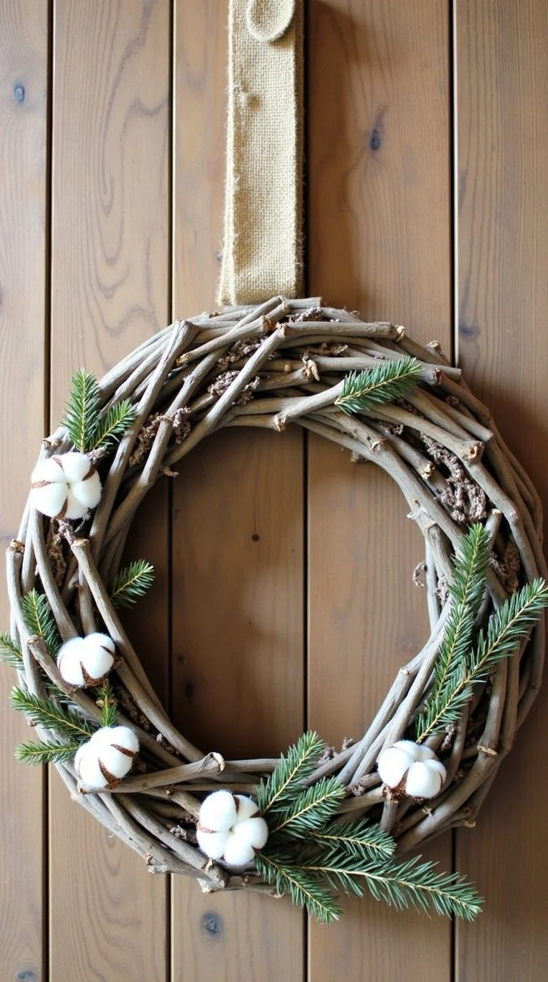 A rustic farmhouse-style Christmas wreath DIY displayed on a cozy wooden background