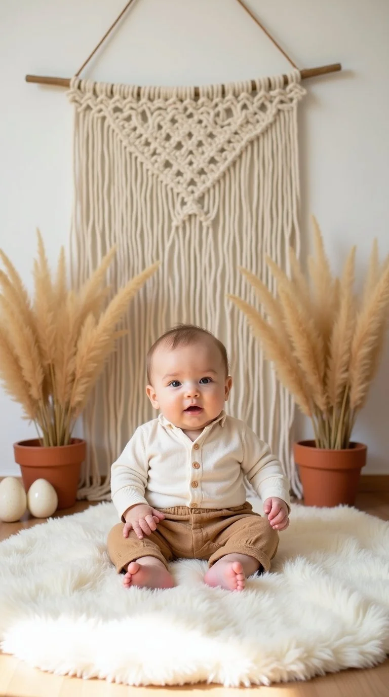 unique, trendy baby’s first Easter photo setup with a modern boho aesthetic