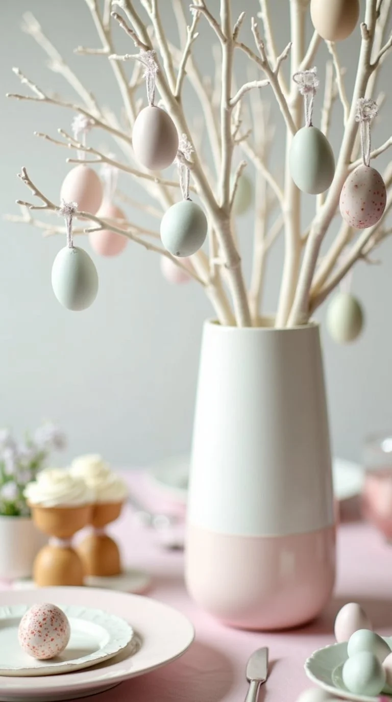 Elegant Easter brunch baby shower decorations featuring creative Easter egg displays