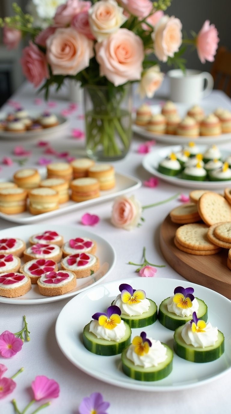 floral-themed baby shower food and dessert display