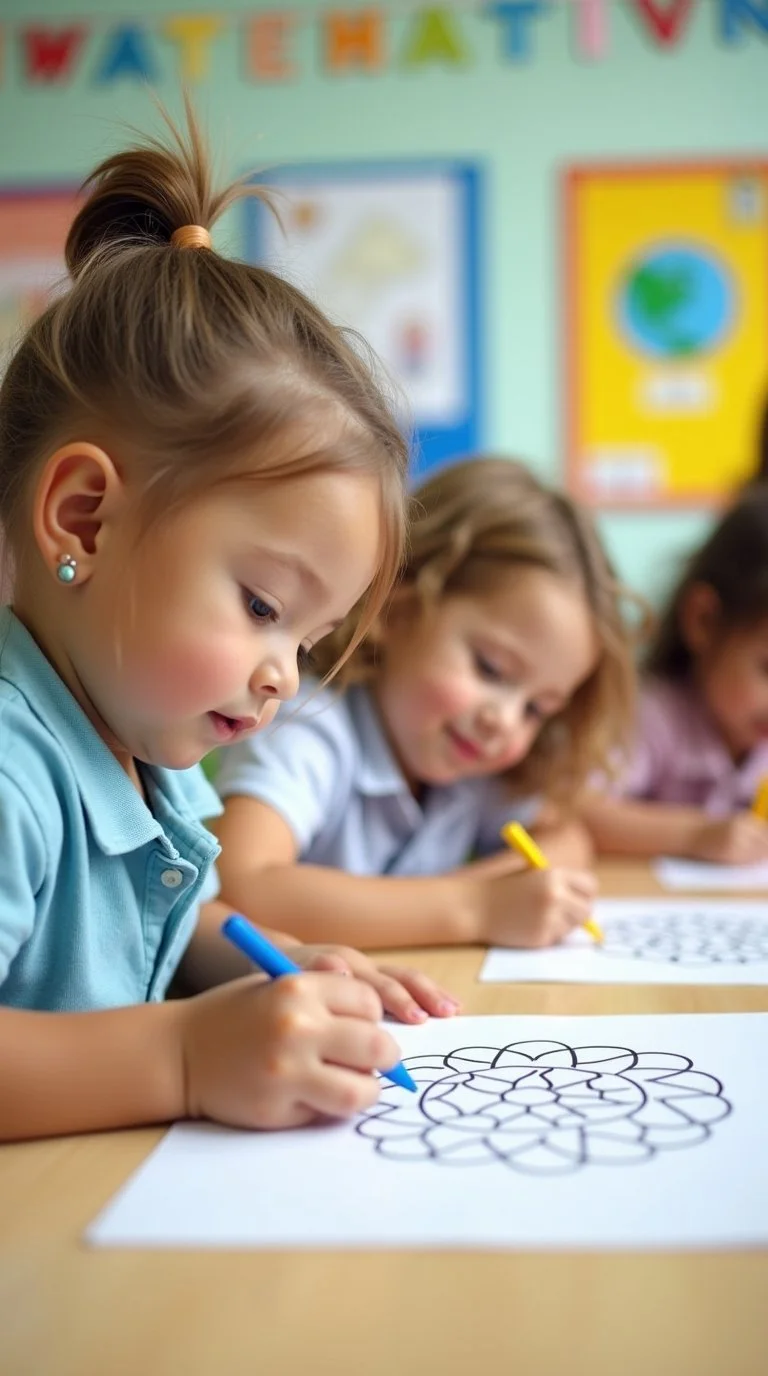 A preschool classroom where young children are focused on coloring pages at a table