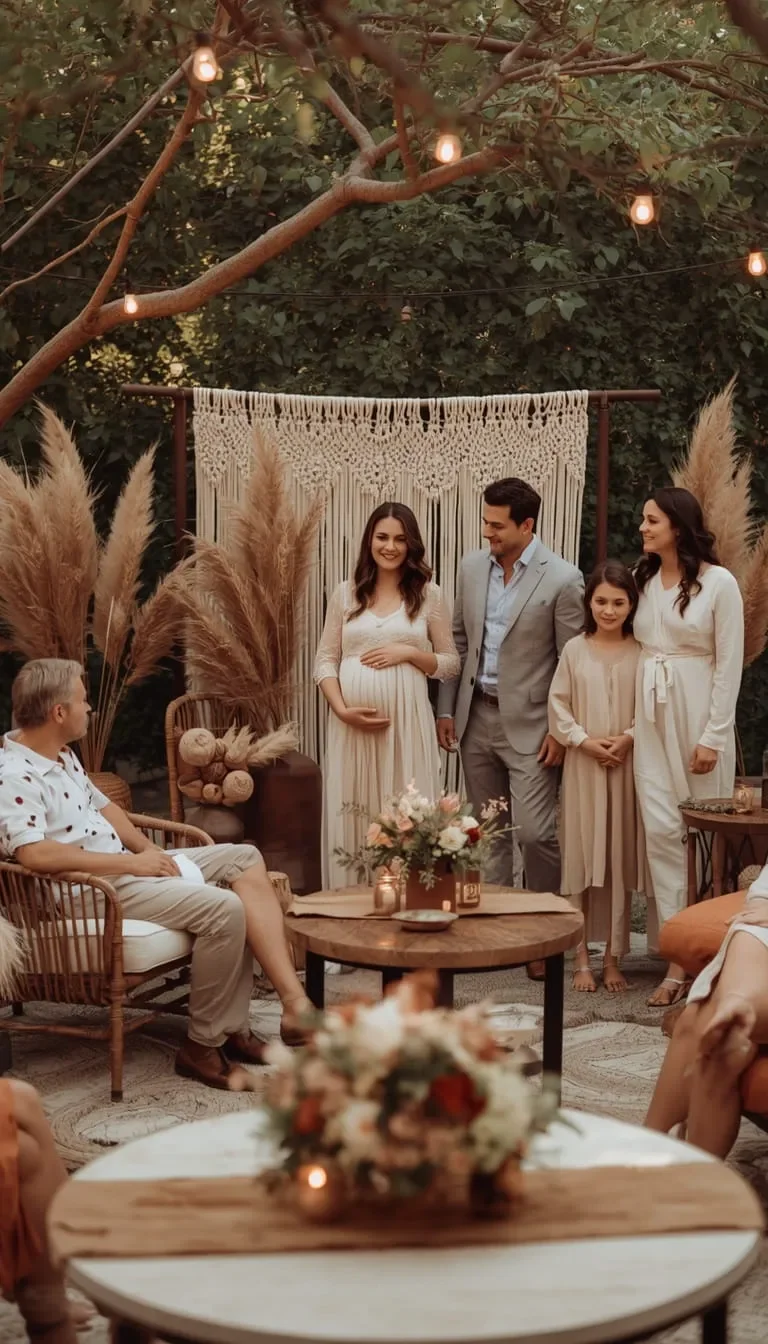 Boho-themed baby shower celebration with earthy tones, pampas grass, dried florals, and warm ambient lighting