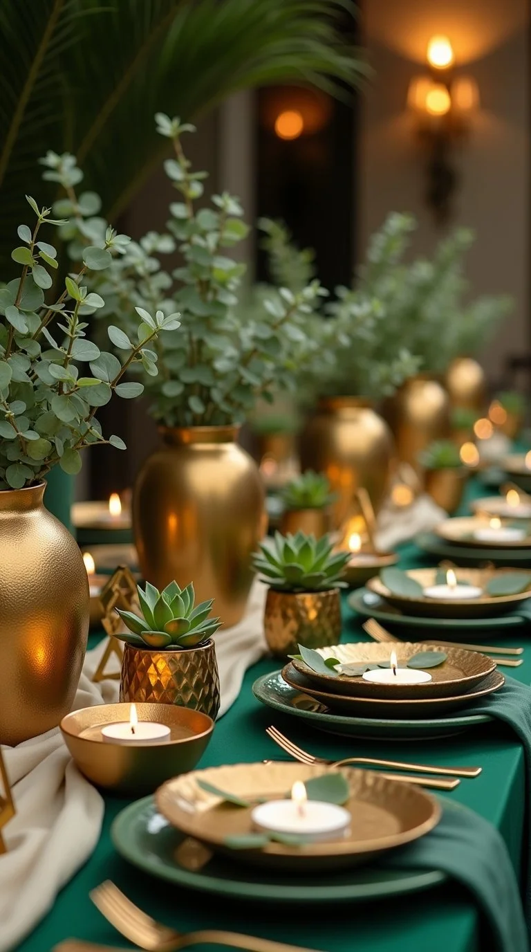 Elegant green and gold baby shower table setup