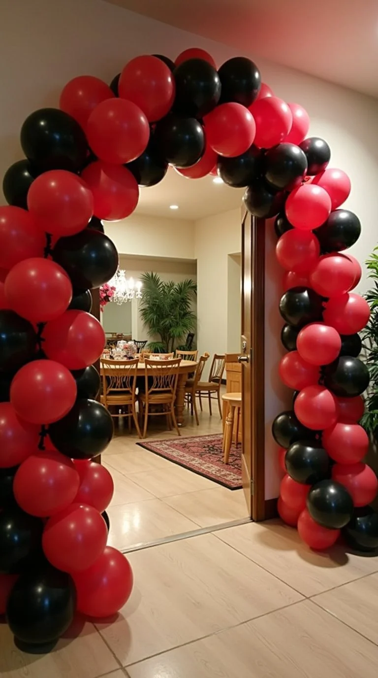 ladybug-themed baby shower entrance featuring a stunning balloon arch