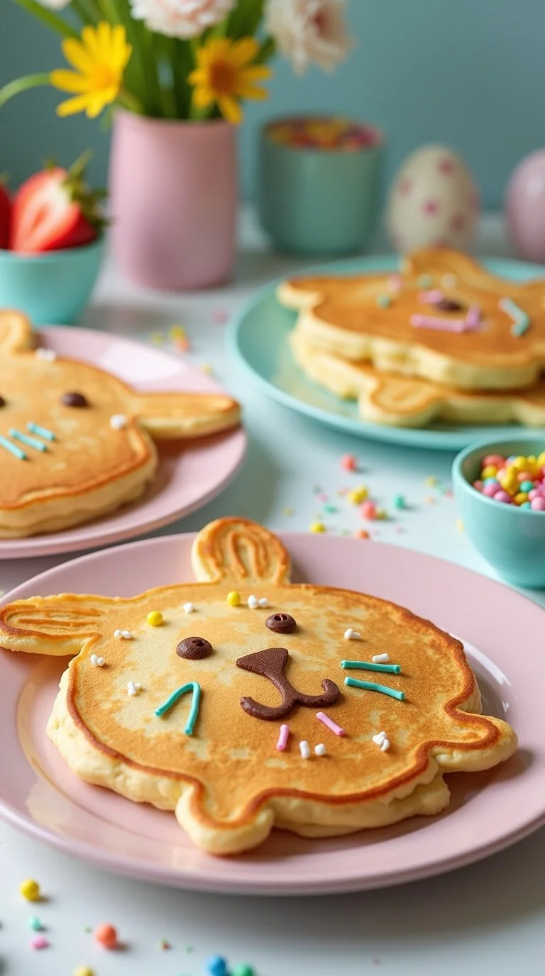 kid-friendly Easter brunch scene featuring Easter-themed pancake art