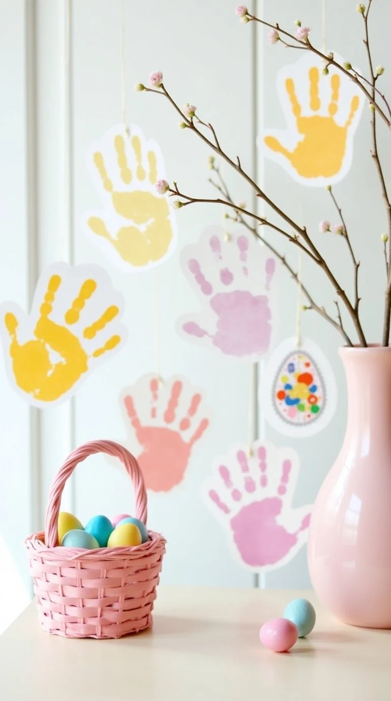 pastel-colored spring baby handprint craft