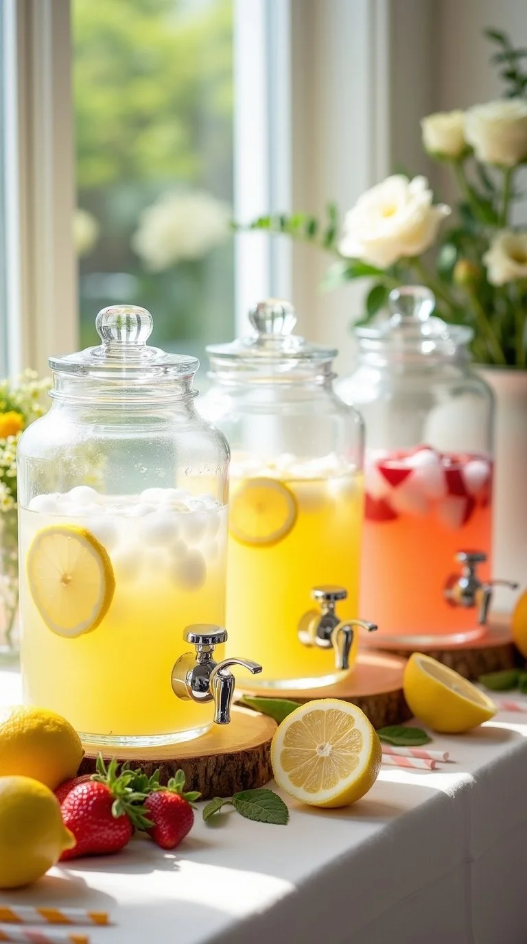springtime sunshine–themed baby shower beverage station