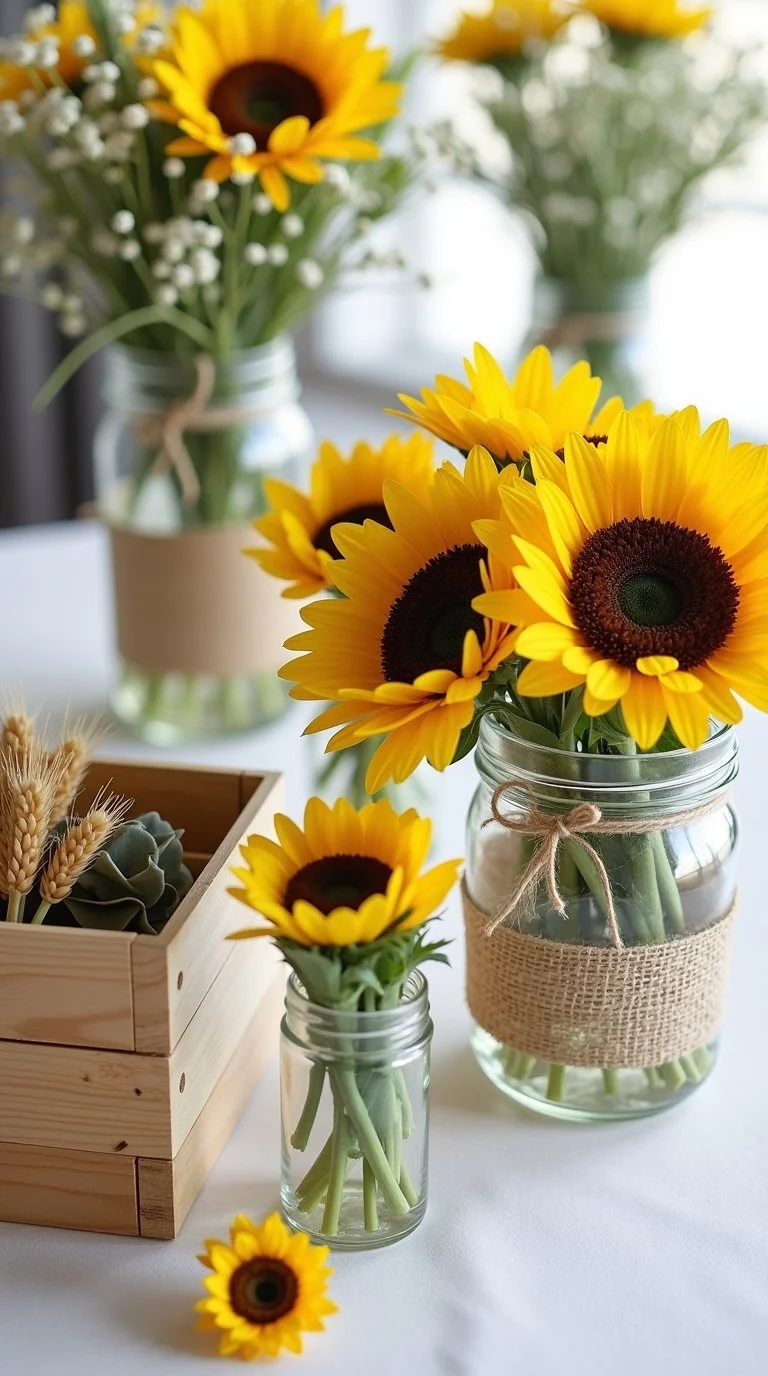 Sunflower-themed baby shower centerpieces featuring a variety of arrangements