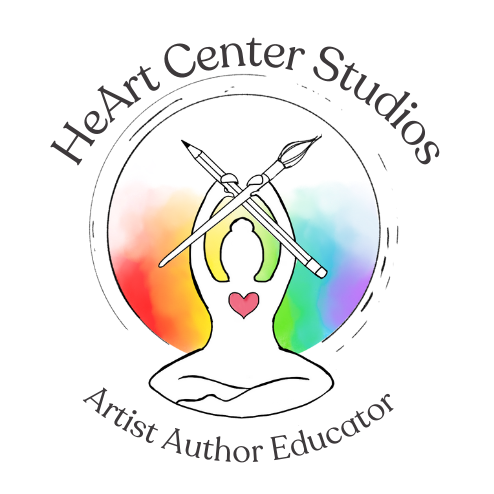 A logo featuring a stylized person sitting in a meditation pose with a rainbow-colored background and a small heart on the chest.