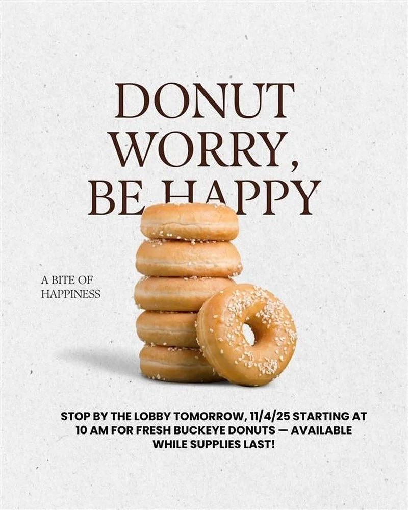 🍩 Donut Miss Out! 🍩
Stop by the lobby tomorrow starting at 10AM for fresh Buckeye Donuts &mdash; while supplies last! Come grab a sweet treat and start your day off right!
#SweetSurprise #DonutDay #CommunityTreat #coastalridge #614living #lanelofts