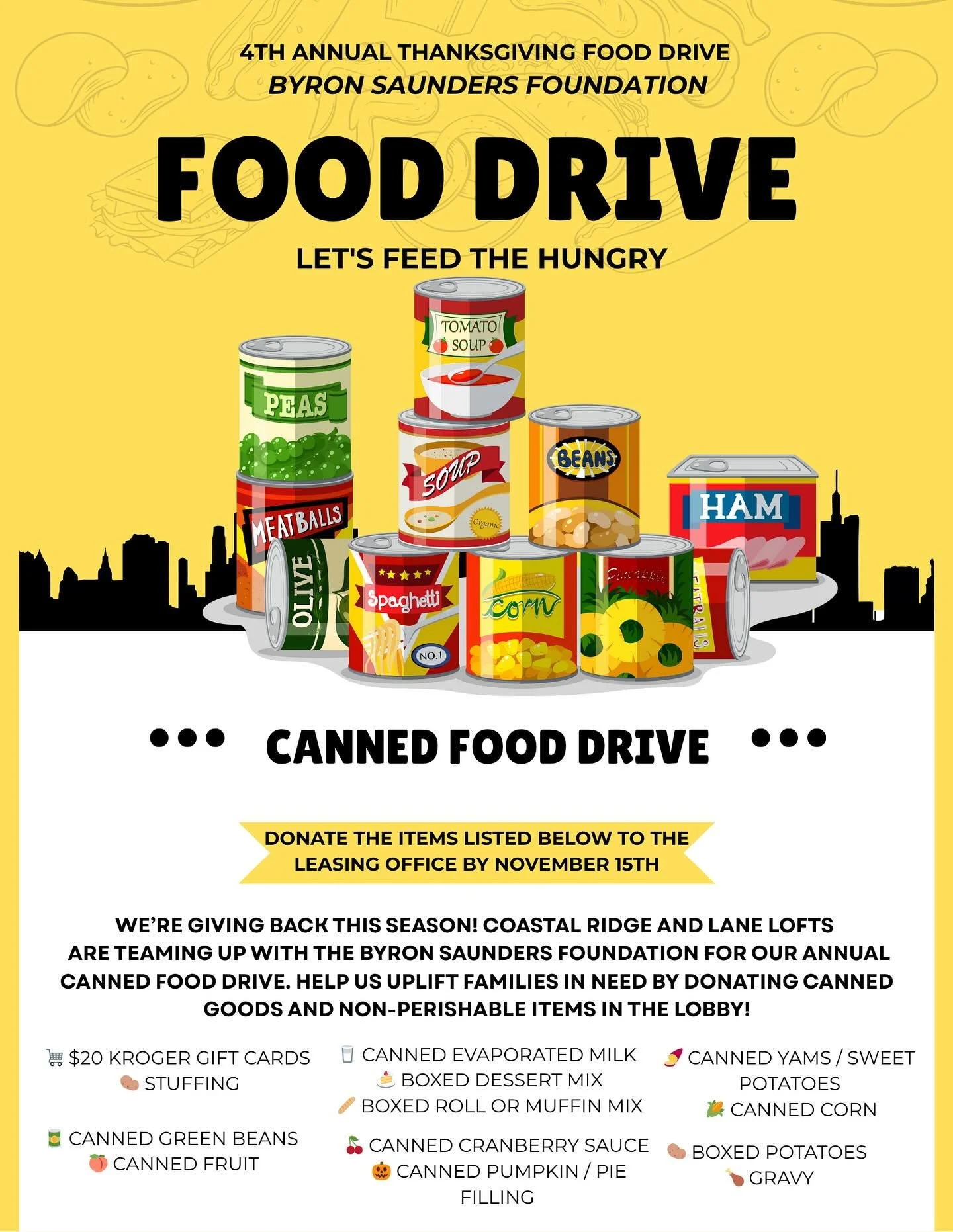🍂 Join Our Canned Food Drive! 🍂
Help us make a difference this season by supporting families in need! 🥫✨
We&rsquo;re collecting non-perishable food items in partnership with the Byron Saunders Foundation to help provide Thanksgiving meals for loca