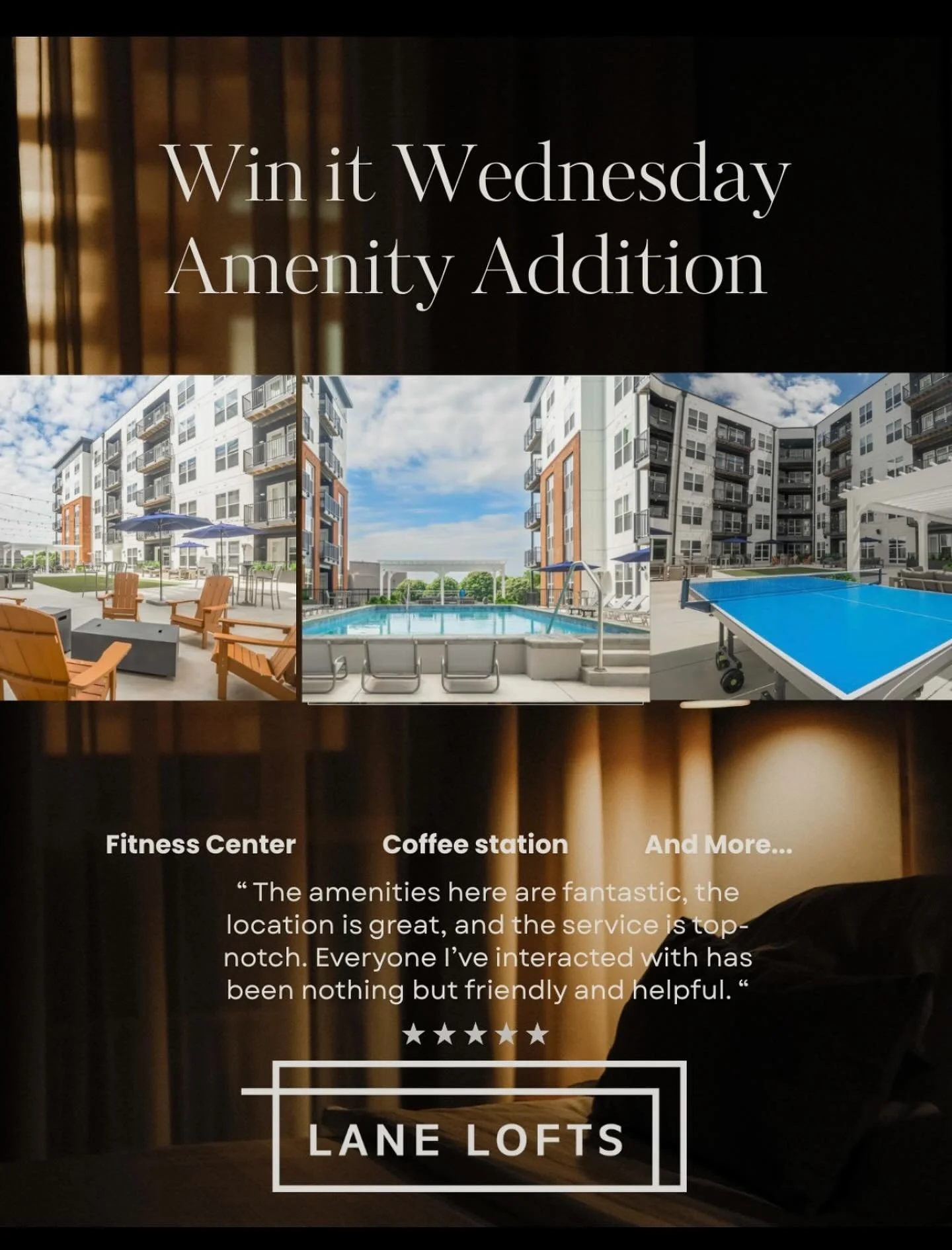🎉 WIN IT WEDNESDAY 🎉
It&rsquo;s that time again &mdash; Win It Wednesday is here! 🙌
Want to score a fun prize? All you have to do is TAG your favorite amenity here at Lane Lofts in the comments below! 🏋️&zwj;♀️☕🎮🏊&zwj;♀️
Whether it&rsquo;s our 