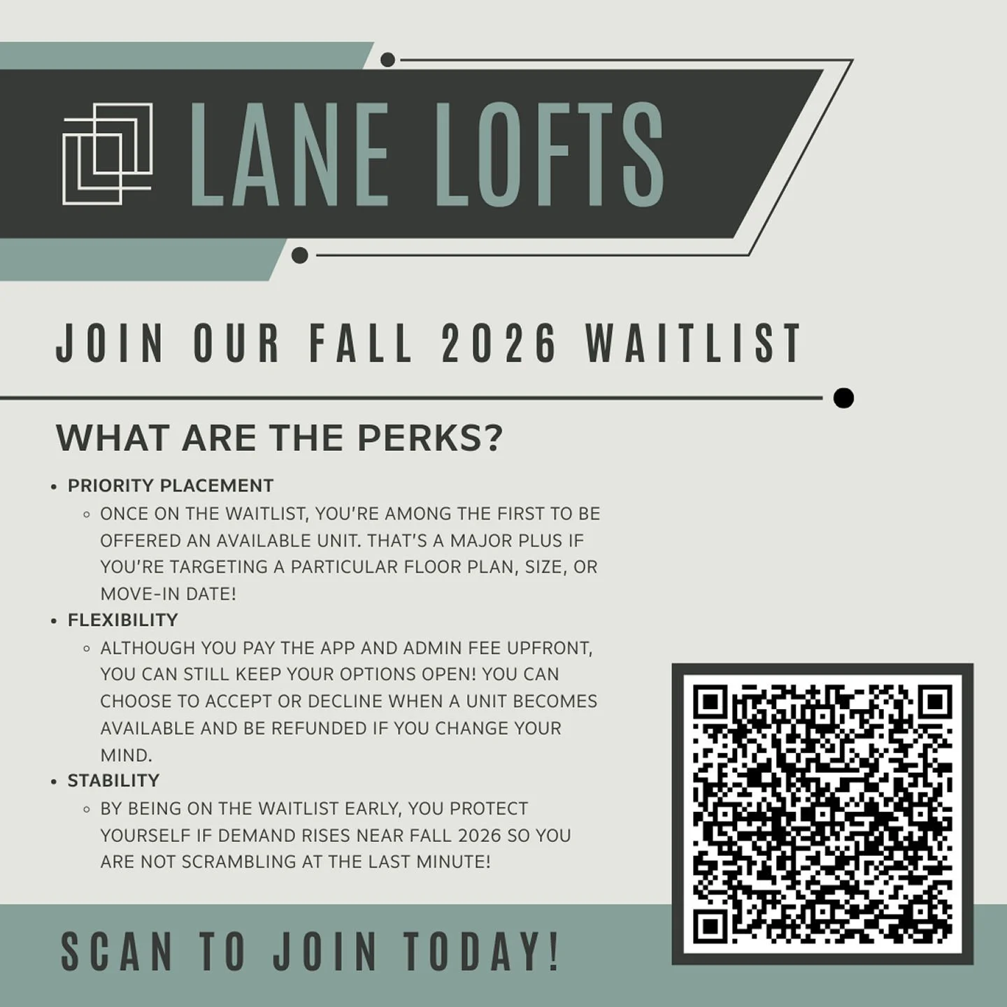 Planning ahead? Lock in your place for Fall 2026 at Lane Lofts&mdash;apply today! 

#lanelofts #laneloftsupperarlington #Fall2026 #waitlist2026 #apartmenthunting #applynow #planahead #perksofplanning