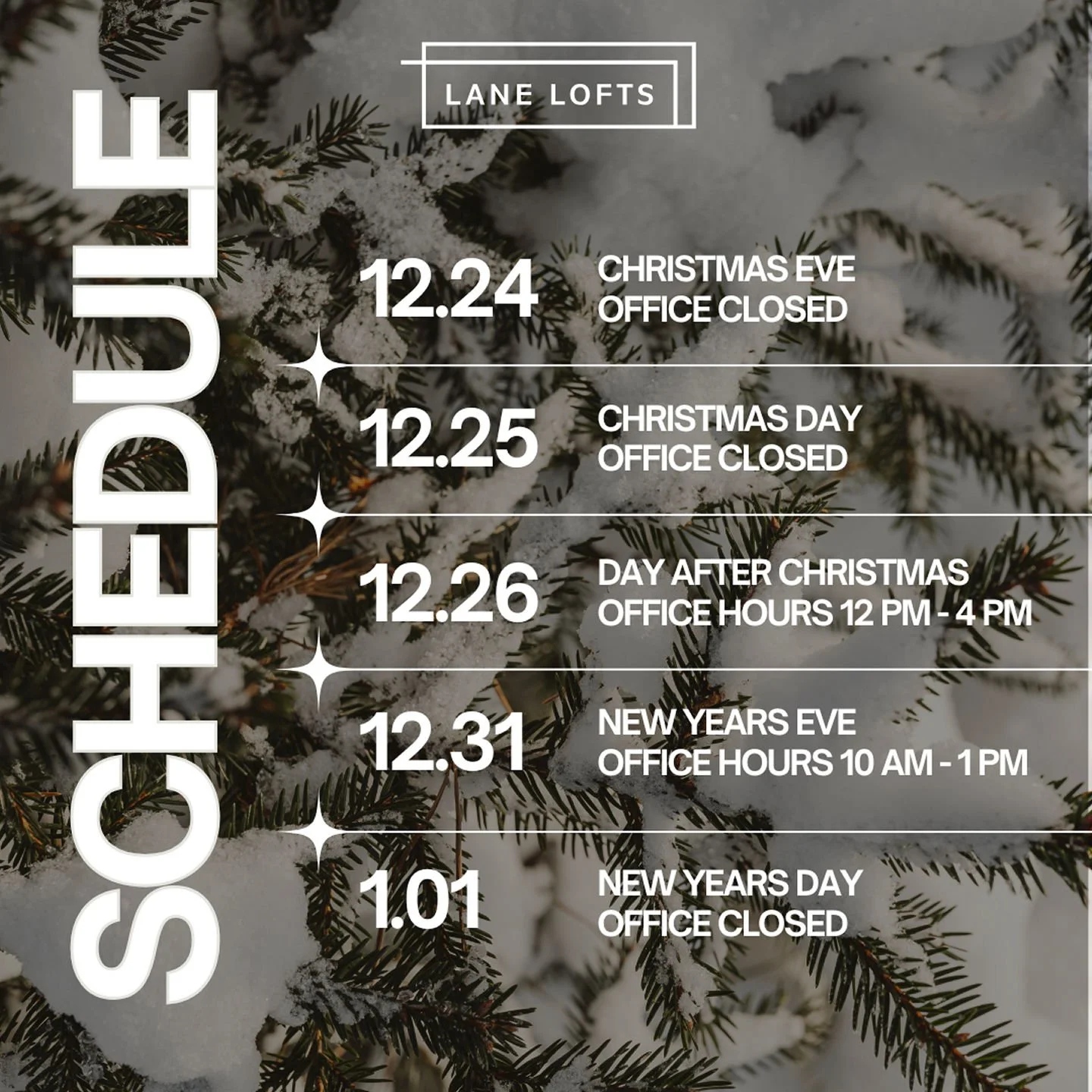 *UPDATED*
As we celebrate the holidays and the upcoming new year, our office hours will be adjusted. Thank you for your understanding, and warm holiday wishes to our community!#lanelofts #laneloftsua #holidayhours #officeschedule #officeclosure