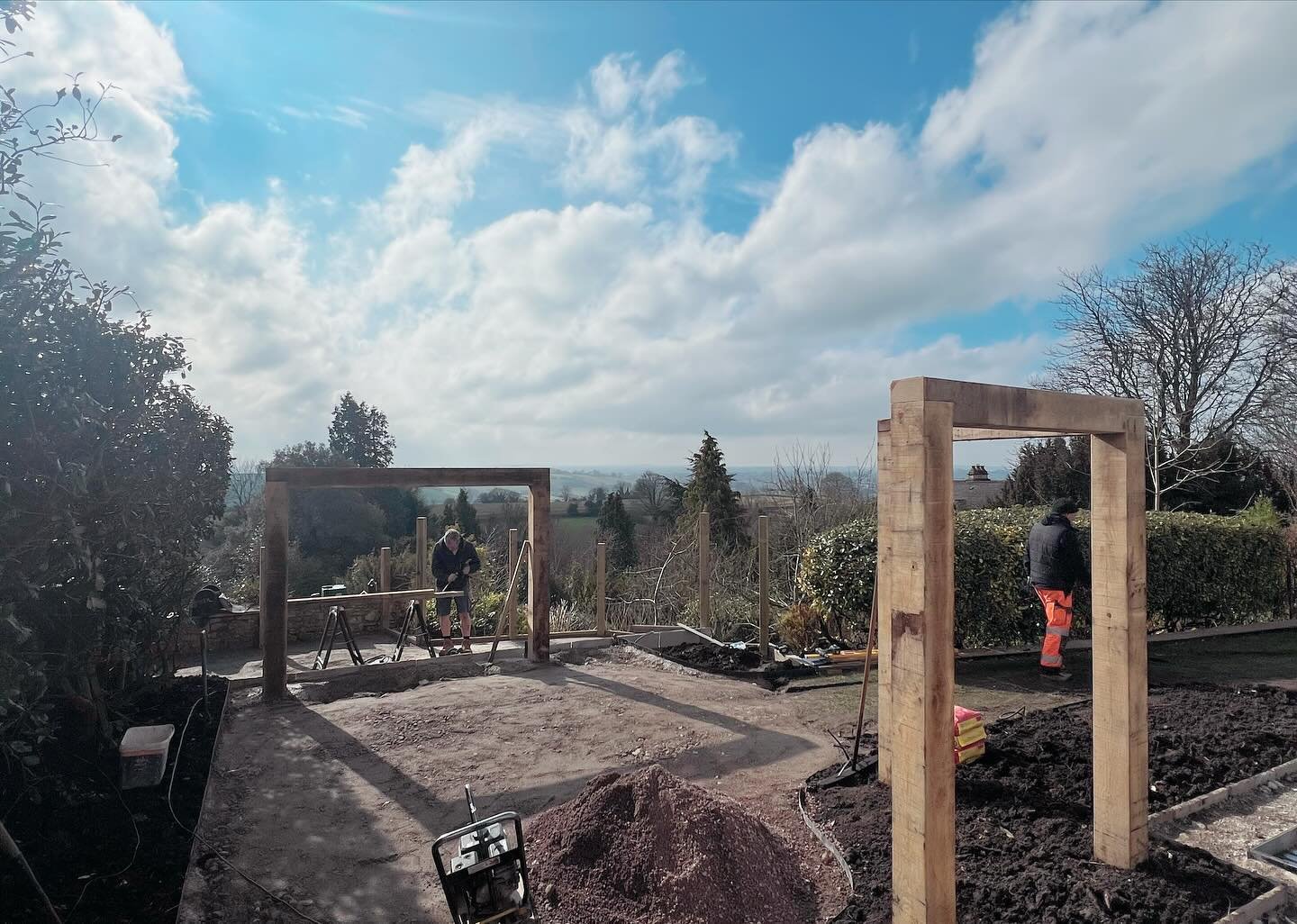 Carpenter has been busy at our Timsbury Garden! Full transformation of this unused corner, Oak frame up and capturing the views. Great progress through snow, rain and sunshine