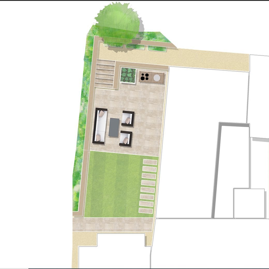 Early concept for a client in Bradford on Avon. An enclosed courtyard for a young family, complete with mud kitchen.