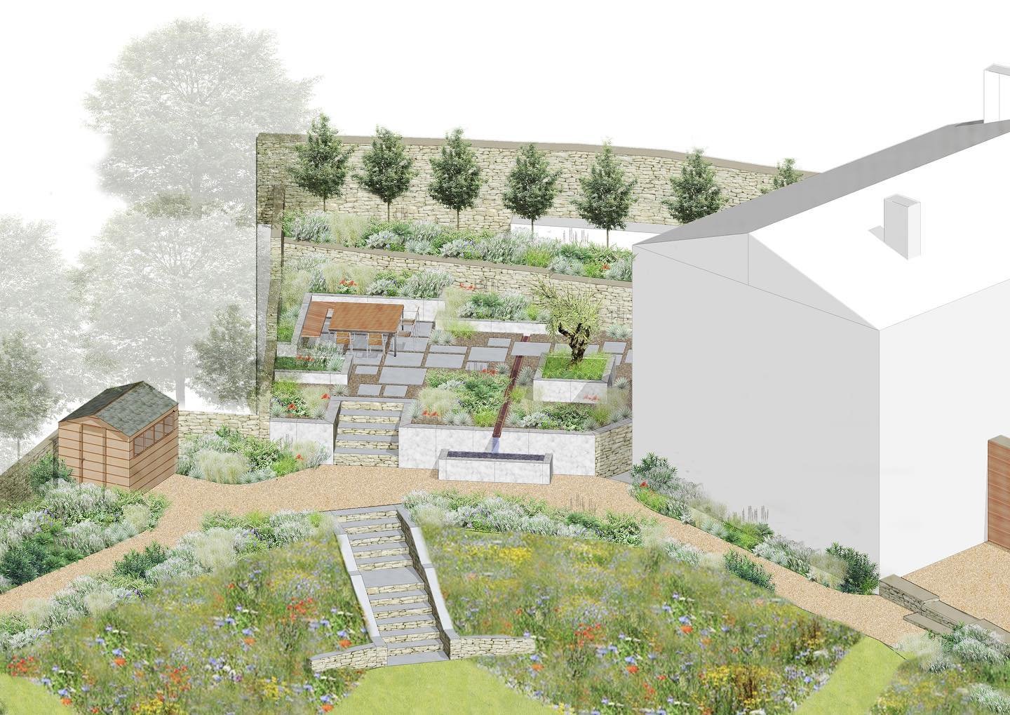 Recent design in development, a total transformation to the upper area in to an immersive gravel garden. Complete with a narrow water rill and large format paving. Lots of awkward walls and levels to contend with but moving along nicely (Designed for